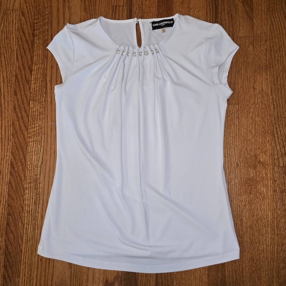 Karl Lagerfeld Women's White Blouse with Pearl Accents